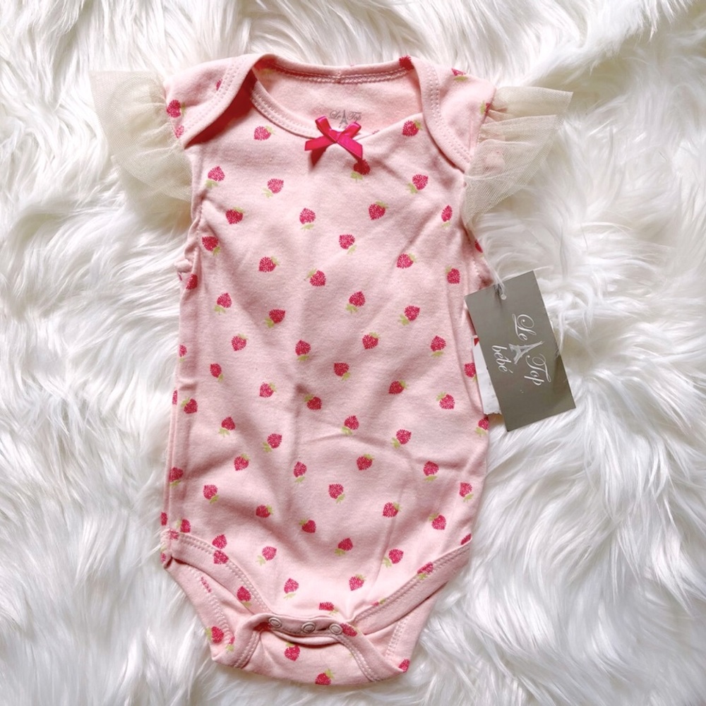 NWT Pink Strawberry Print Onesie Tulle Cap Sleeves Size 3-6 Mo